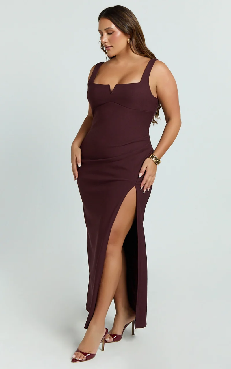 Thelma Maxi Dress - Square Neck Bodycon Dress in Wine