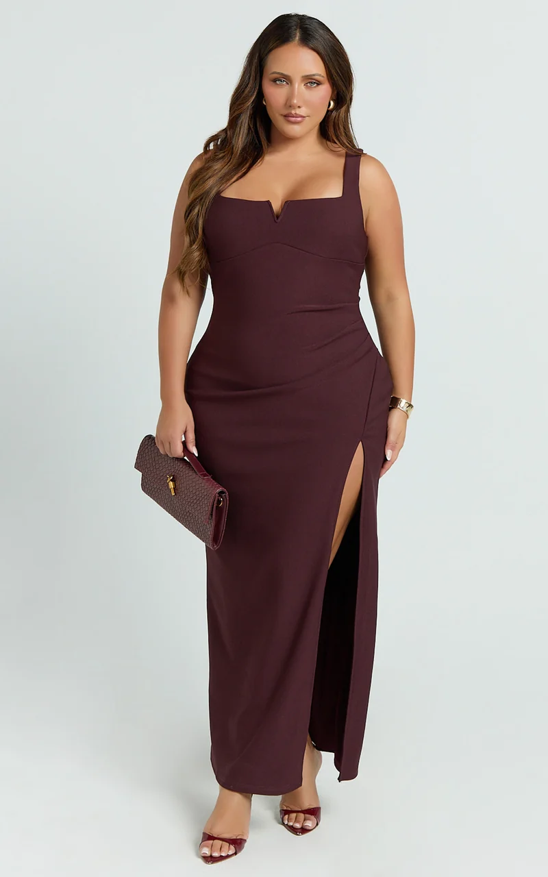 Thelma Maxi Dress - Square Neck Bodycon Dress in Wine