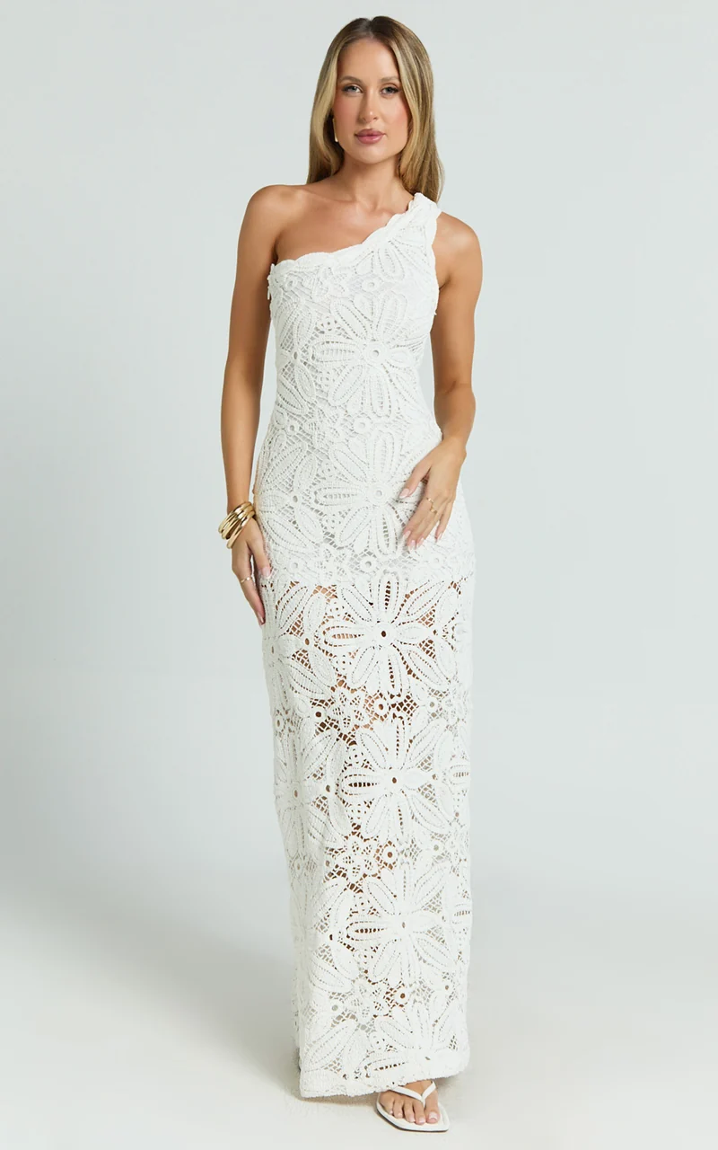 Charlene Maxi Dress - Crochet Knitted One Shoulder Maxi Dress in White