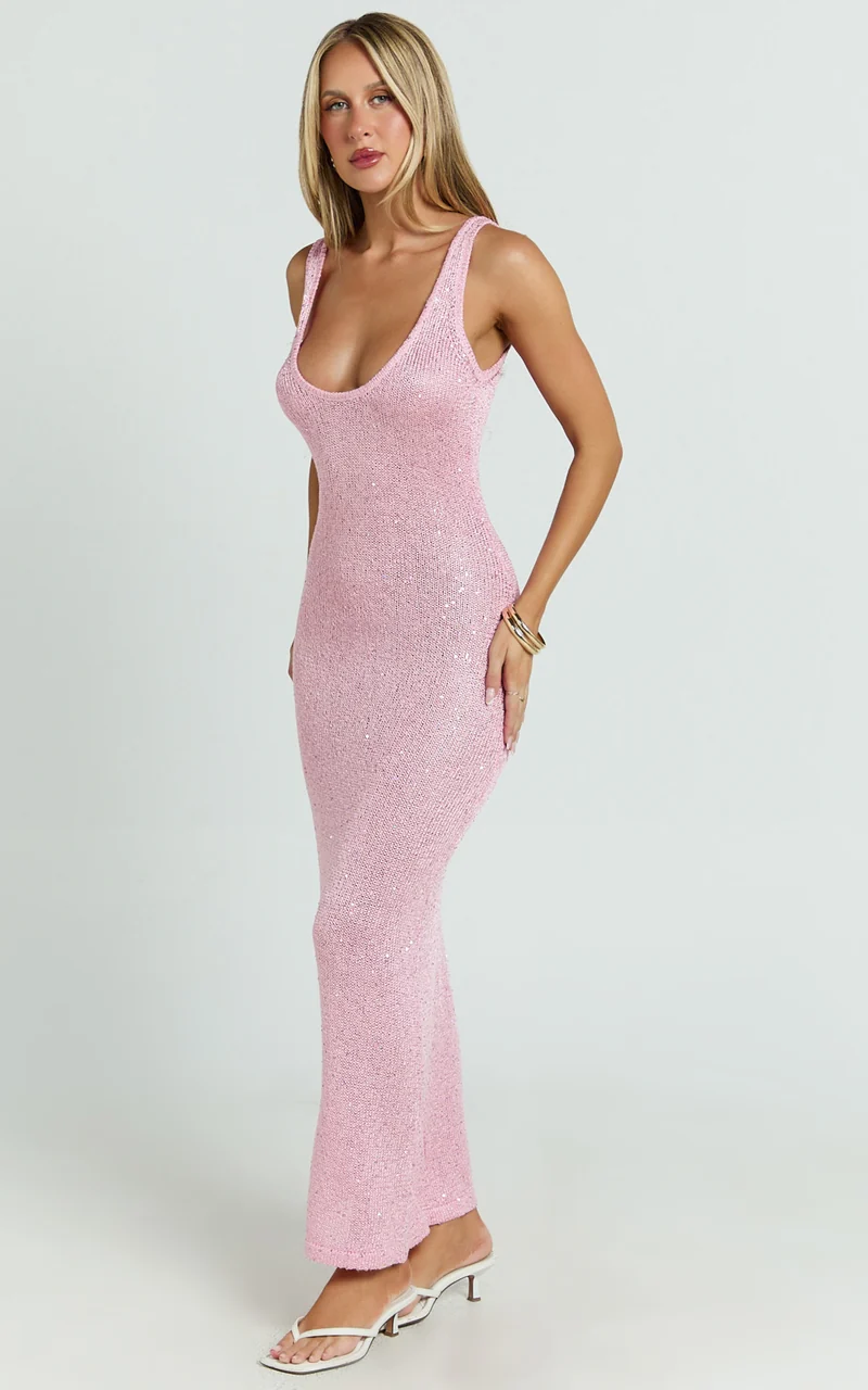 Jenna Maxi Dress - Scoop Neck Sleeveless Sequin Knit Dress in Light Pink