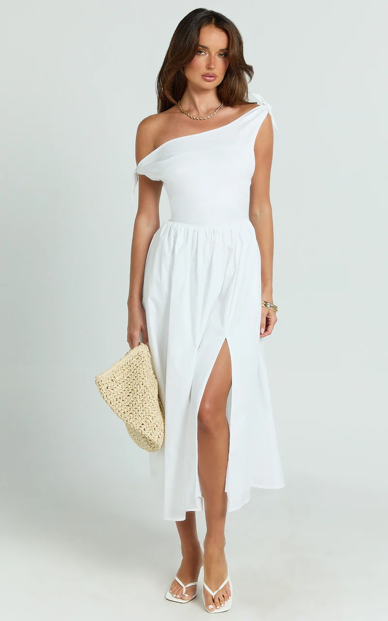 Theadore Midi Dress - Tip Shoulder Fit And Flare Dress in White