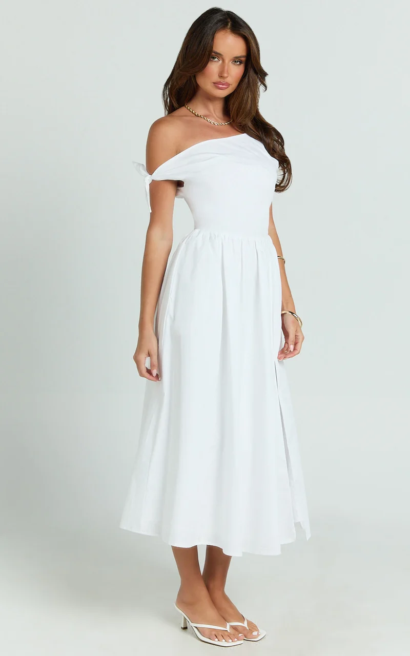 Theadore Midi Dress - Tip Shoulder Fit And Flare Dress in White
