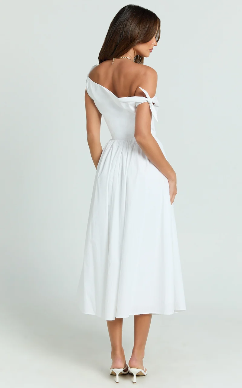 Theadore Midi Dress - Tip Shoulder Fit And Flare Dress in White