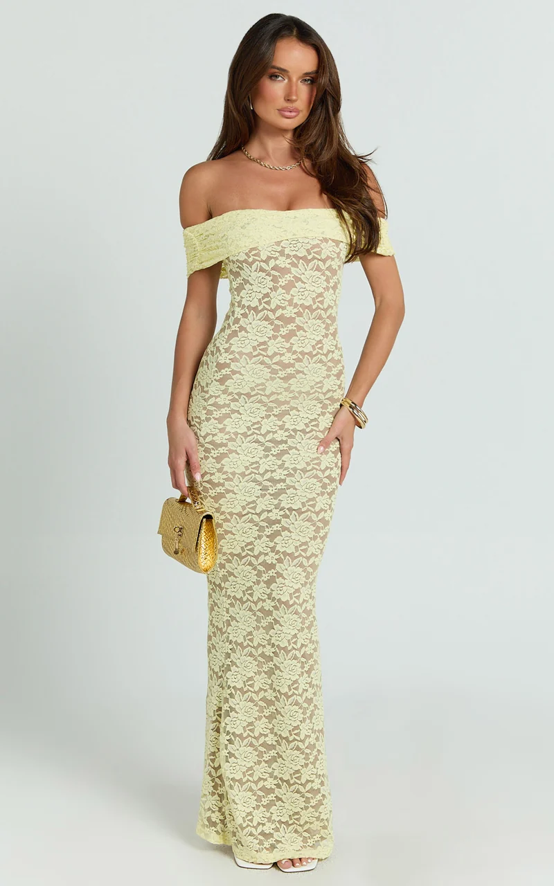 Nalani Maxi Dress - Lace Off Shoulder Column Bodycon Dress in Lemon