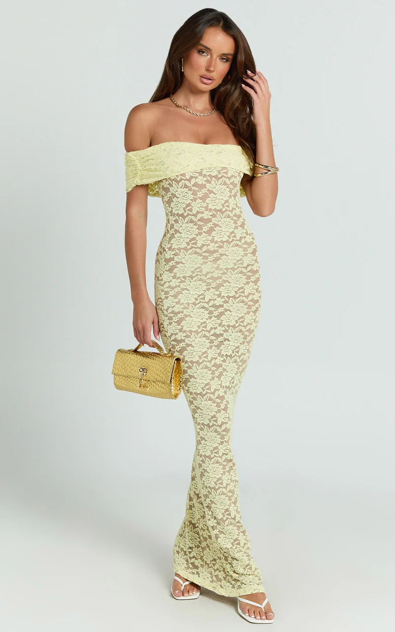 Nalani Maxi Dress - Lace Off Shoulder Column Bodycon Dress in Lemon