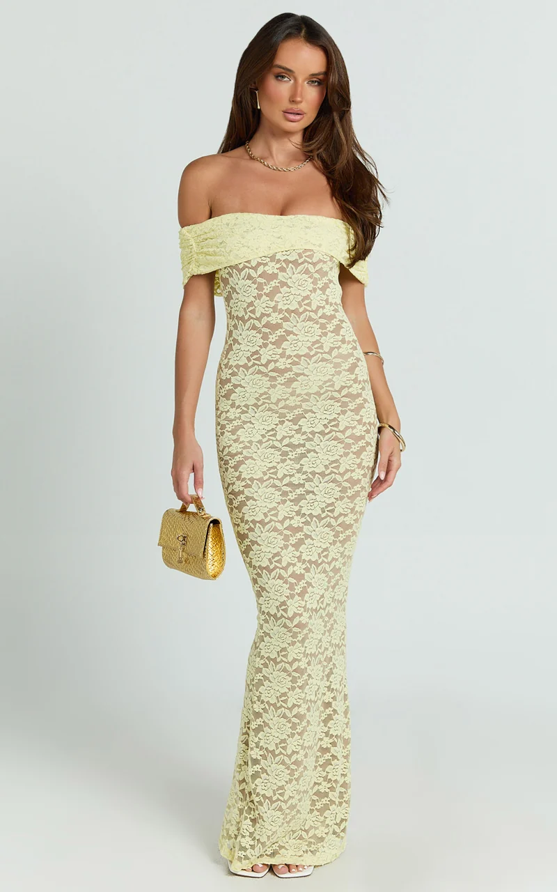 Nalani Maxi Dress - Lace Off Shoulder Column Bodycon Dress in Lemon