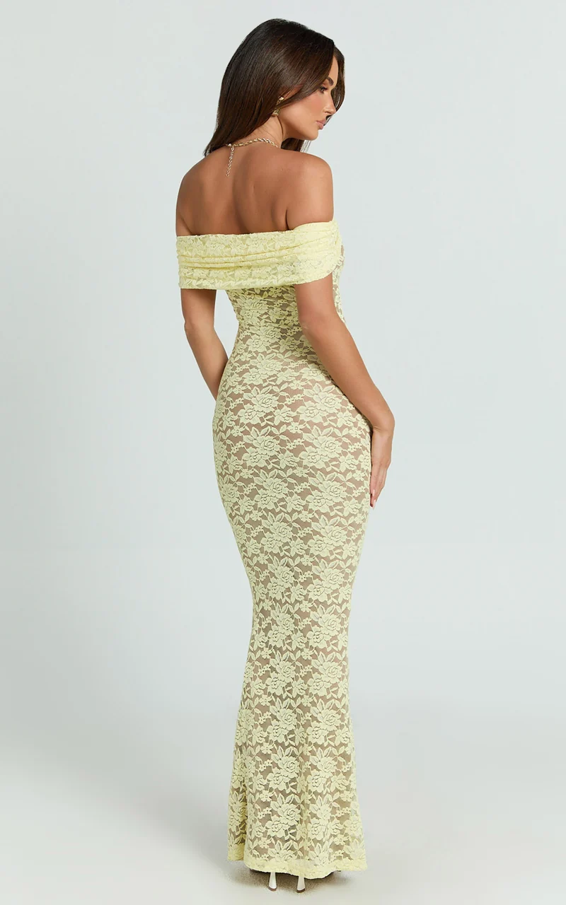 Nalani Maxi Dress - Lace Off Shoulder Column Bodycon Dress in Lemon