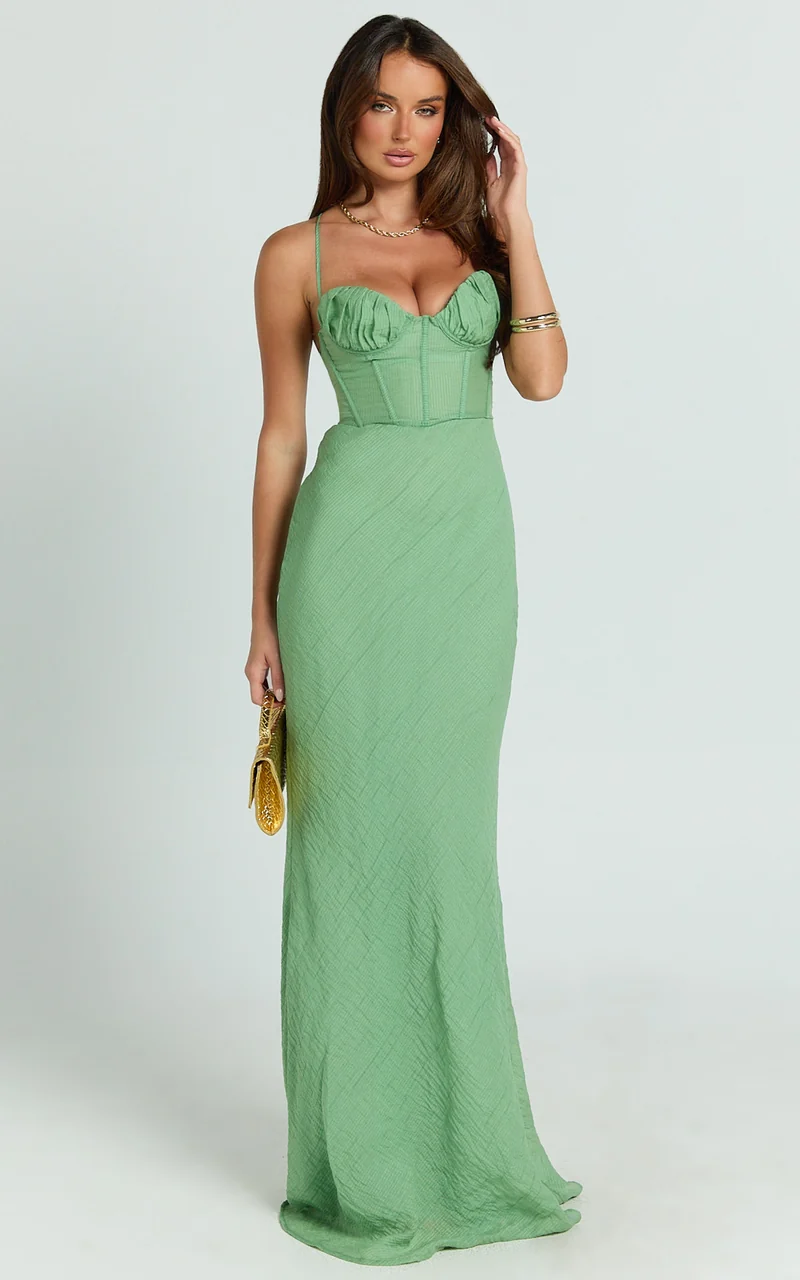 Jameela Maxi Dress - Strappy Sweetheart Neck Gathered Tie Back Dress in Green