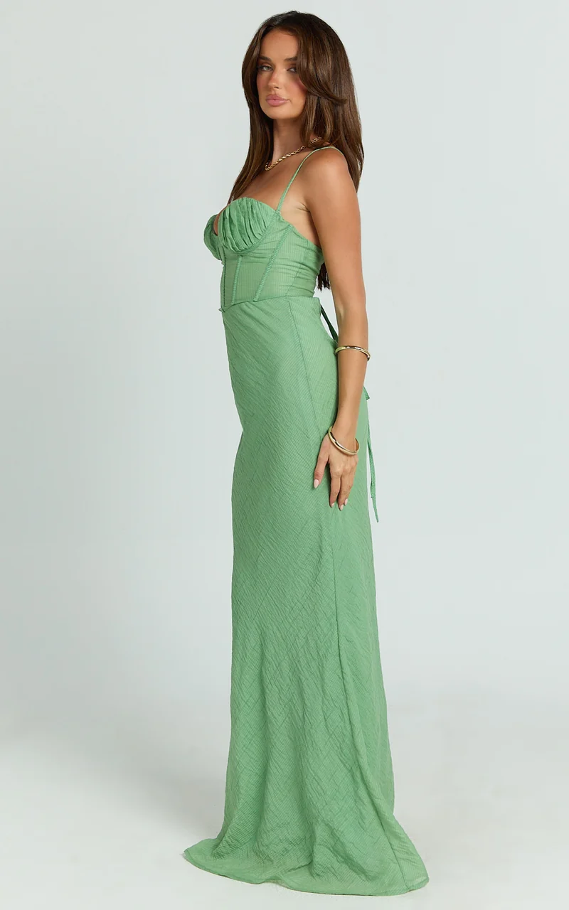 Jameela Maxi Dress - Strappy Sweetheart Neck Gathered Tie Back Dress in Green