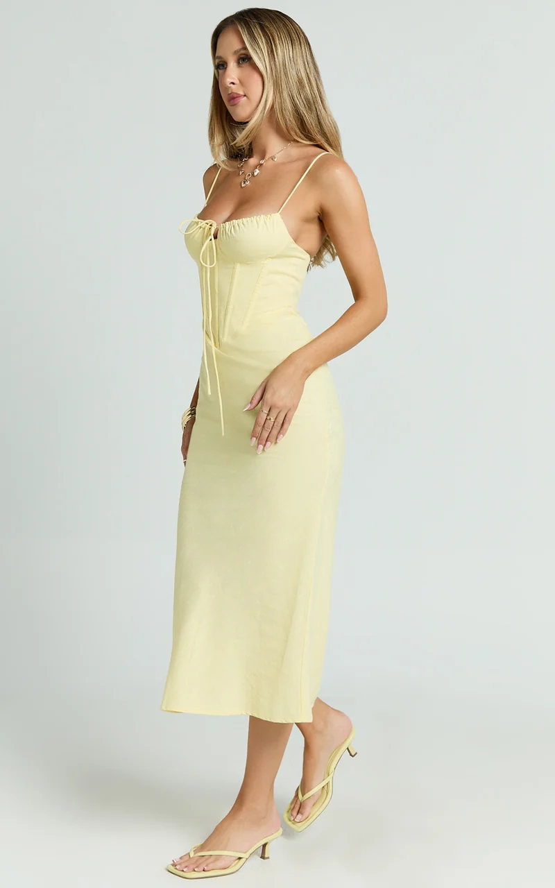 Mikayla Midi Dress - Linen Scoop Neck Ruched Bust Corset Waist Bias Skirt Dress in Lemon