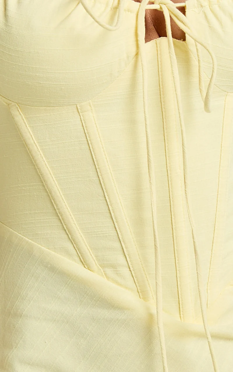Mikayla Midi Dress - Linen Scoop Neck Ruched Bust Corset Waist Bias Skirt Dress in Lemon
