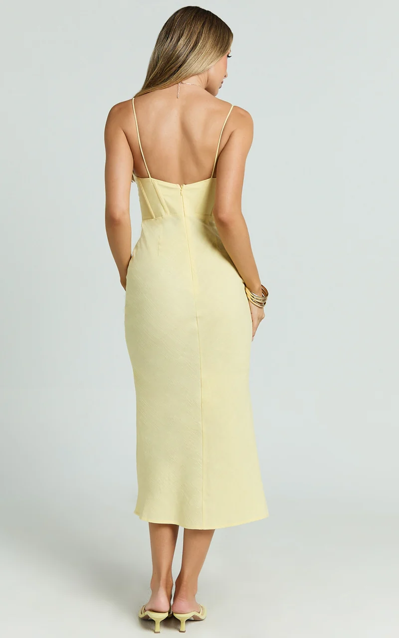 Mikayla Midi Dress - Linen Scoop Neck Ruched Bust Corset Waist Bias Skirt Dress in Lemon