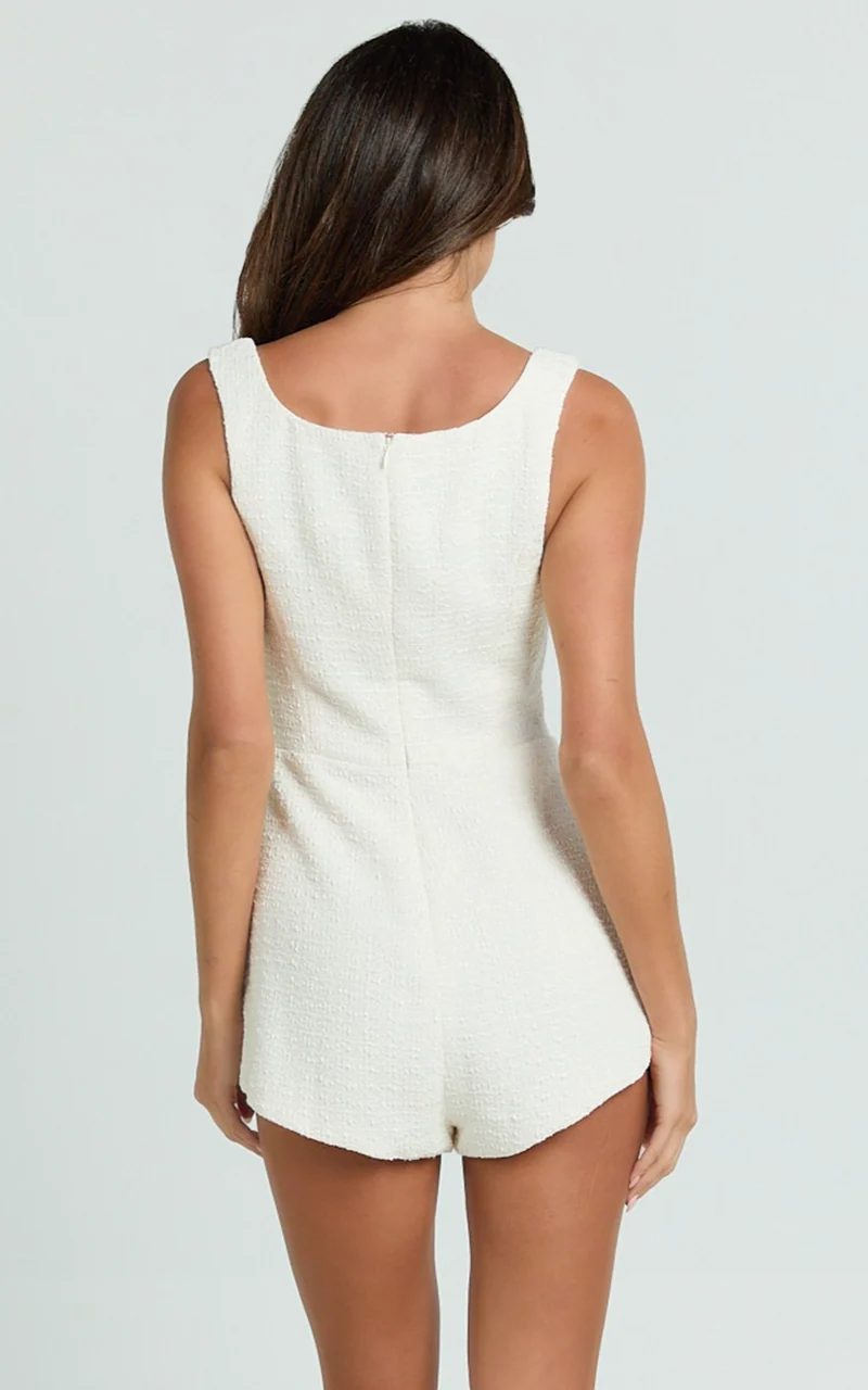 Brylee Playsuit - Scoop Neck Boucle Button Down Playsuit in Cream