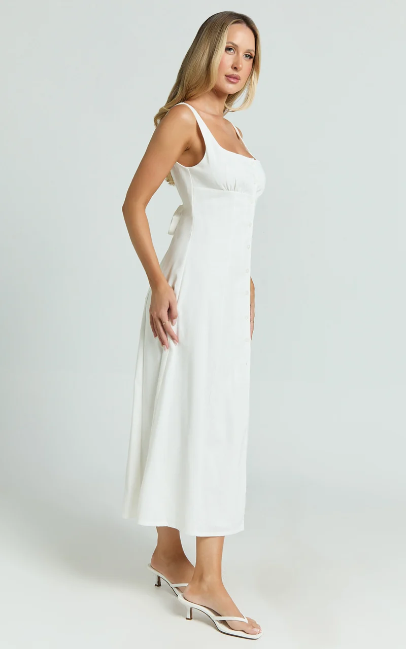 Cameron Midi Dress - Button Front Tie Back Dress in White
