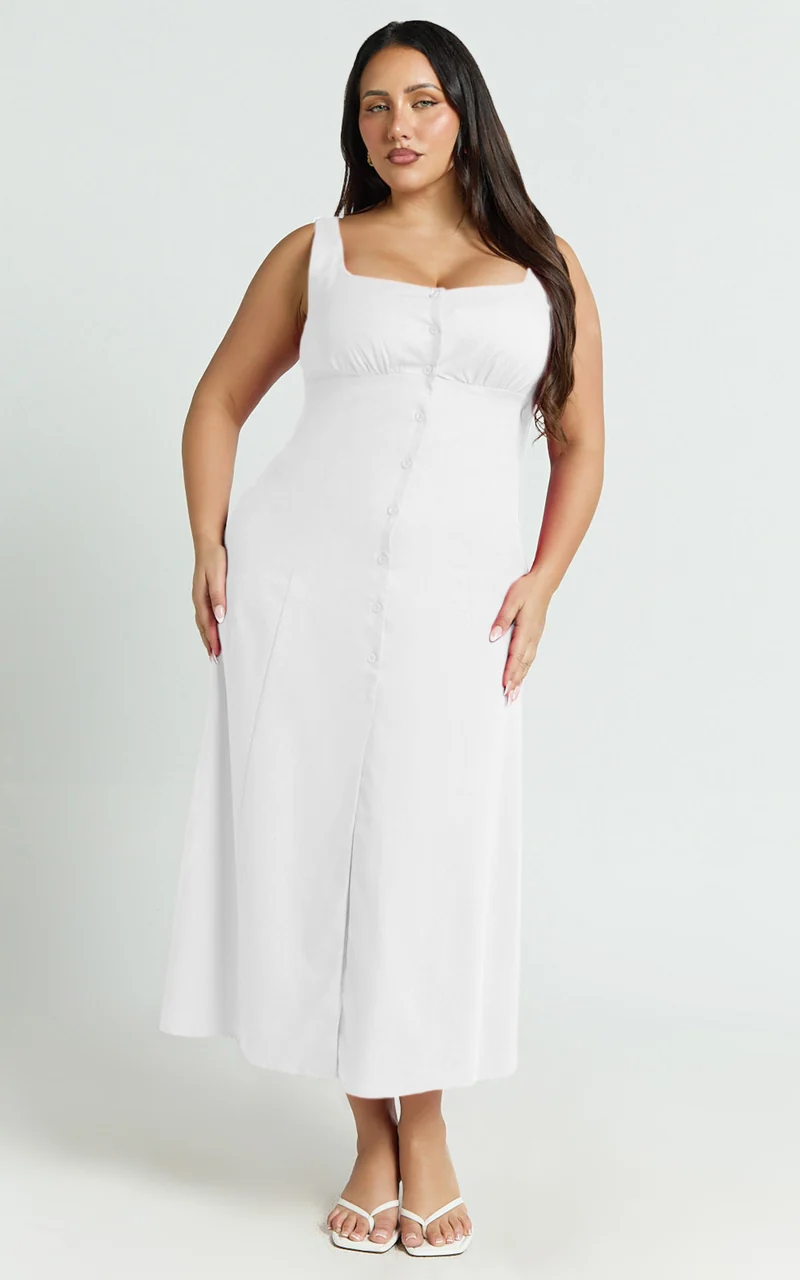 Cameron Midi Dress - Button Front Tie Back Dress in White