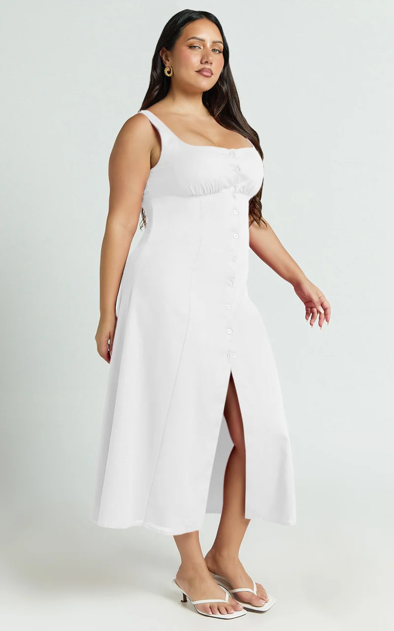 Cameron Midi Dress - Button Front Tie Back Dress in White