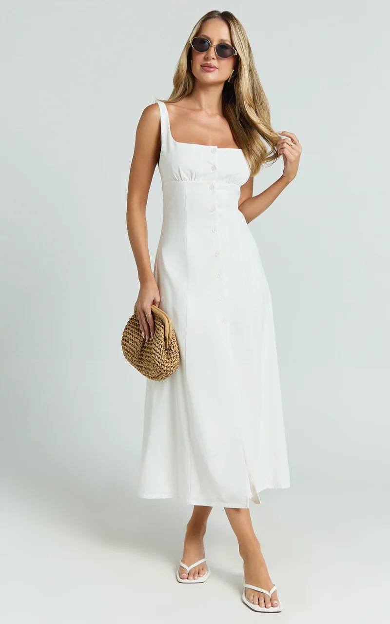 Cameron Midi Dress - Button Front Tie Back Dress in White