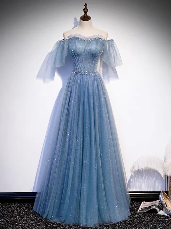 Robe de bal bleu poussiéreux en tulle de conte de fées à paillettes