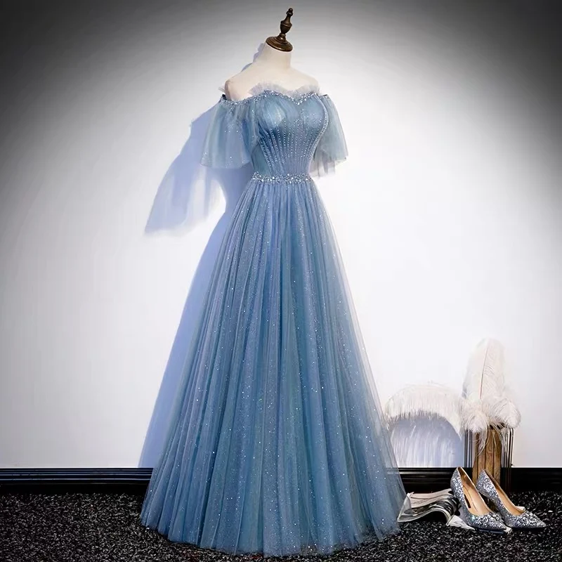 Robe de bal bleu poussiéreux en tulle de conte de fées à paillettes
