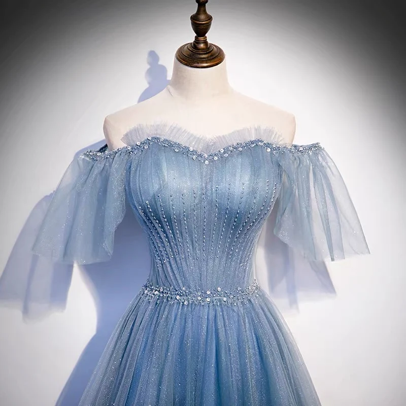 Robe de bal bleu poussiéreux en tulle de conte de fées à paillettes
