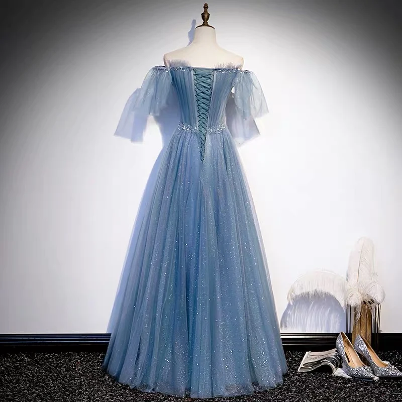 Robe de bal bleu poussiéreux en tulle de conte de fées à paillettes