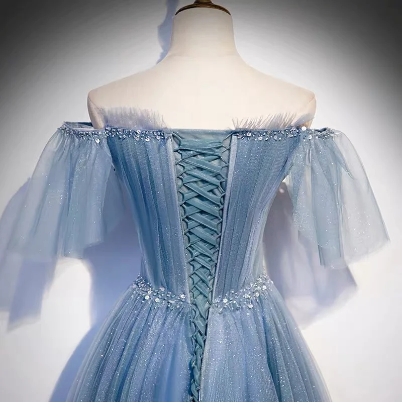Robe de bal bleu poussiéreux en tulle de conte de fées à paillettes