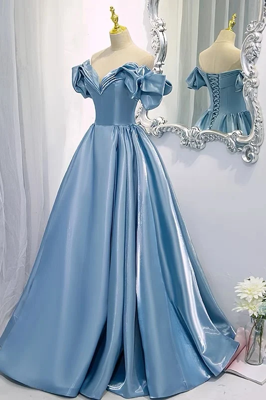 Robe de bal à épaules dénudées, Poofy, robe de bal bleu poussiéreux