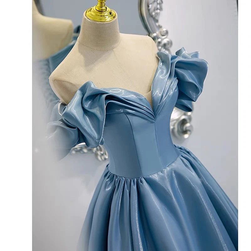 Robe de bal à épaules dénudées, Poofy, robe de bal bleu poussiéreux