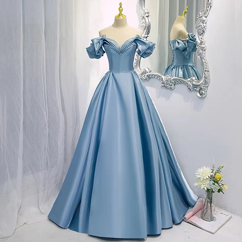 Robe de bal à épaules dénudées, Poofy, robe de bal bleu poussiéreux