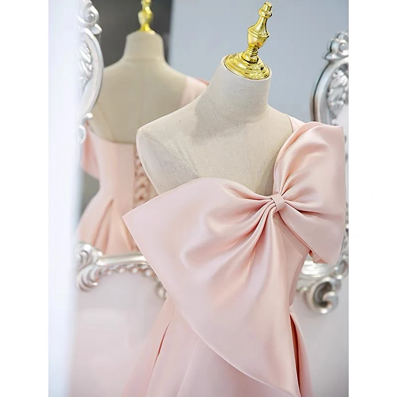 Robe de soirée rose longue et douce pour 16 ans avec gros nœud