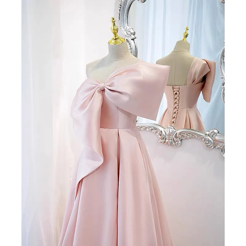 Robe de soirée rose longue et douce pour 16 ans avec gros nœud