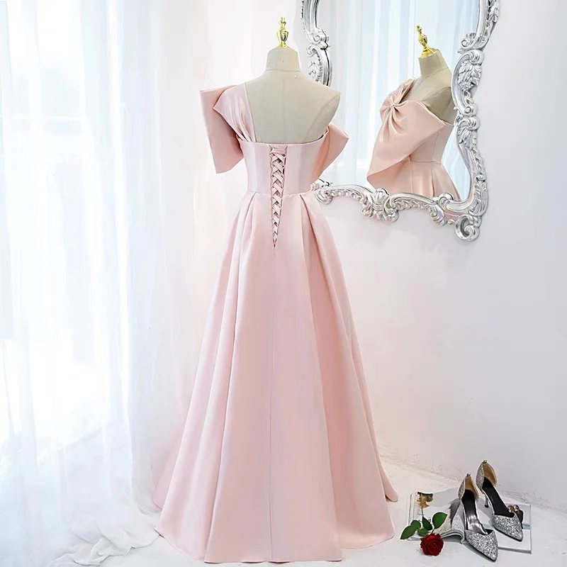 Robe de soirée rose longue et douce pour 16 ans avec gros nœud