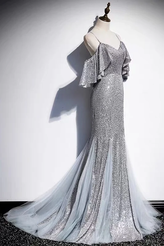 Robe longue formelle sirène à paillettes argentées