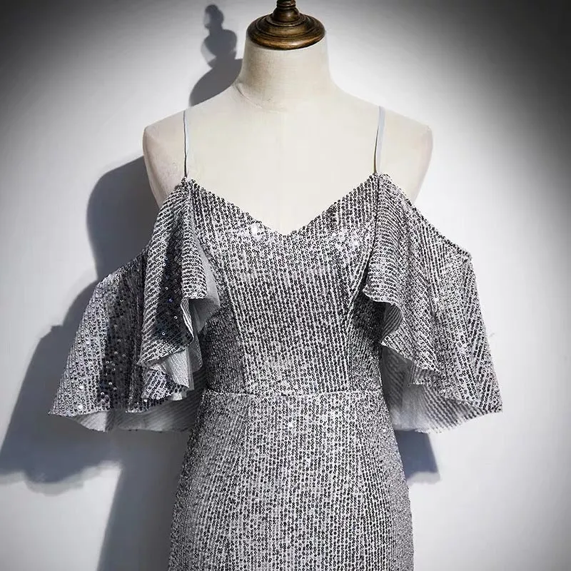 Robe longue formelle sirène à paillettes argentées
