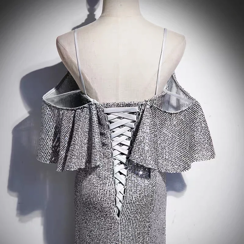 Robe longue formelle sirène à paillettes argentées