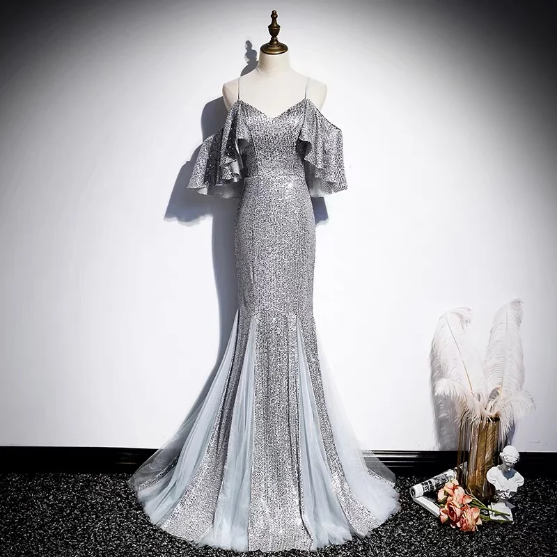 Robe longue formelle sirène à paillettes argentées