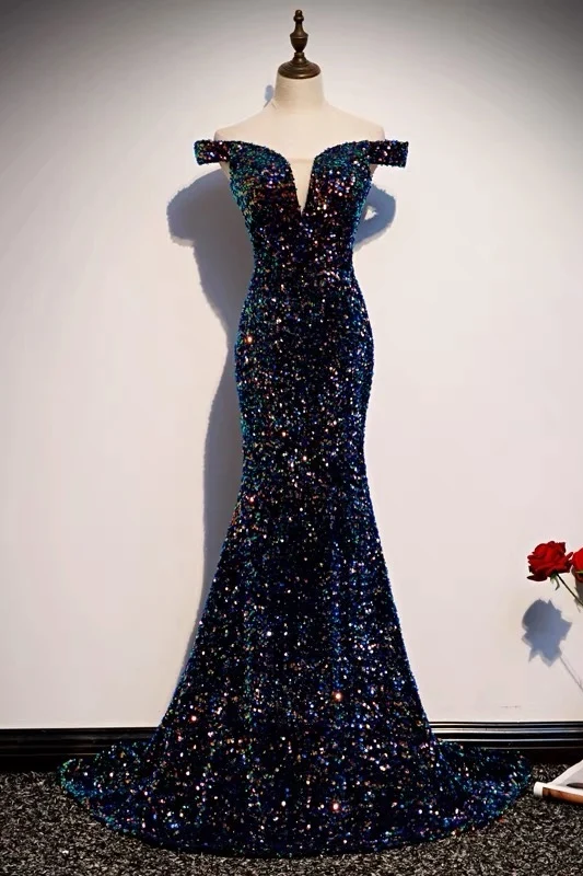 Robe de bal formelle à paillettes bleu marine, épaules dénudées, coupe ajustée