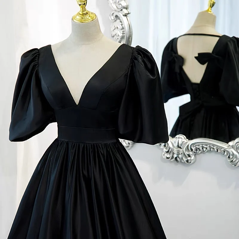 Robe de bal noire chic, robe formelle avec manches à bulles