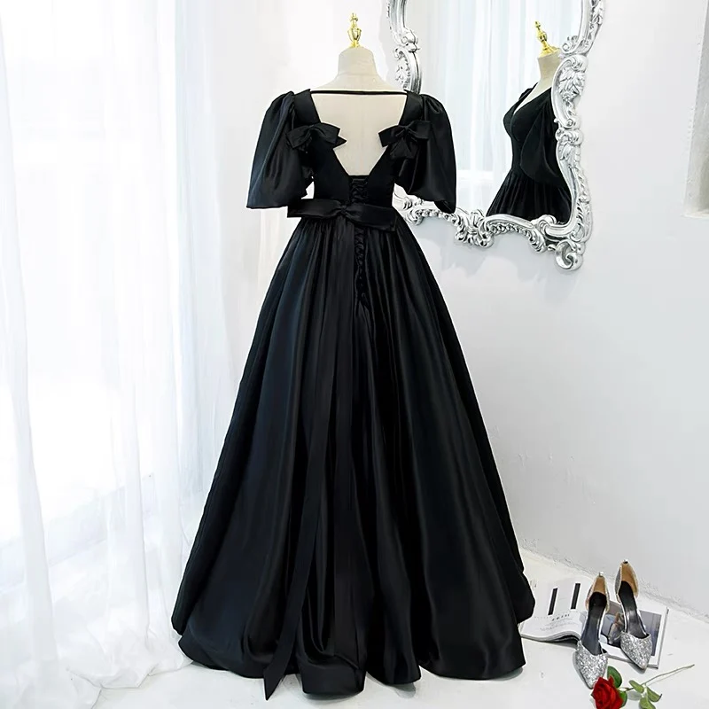 Robe de bal noire chic, robe formelle avec manches à bulles