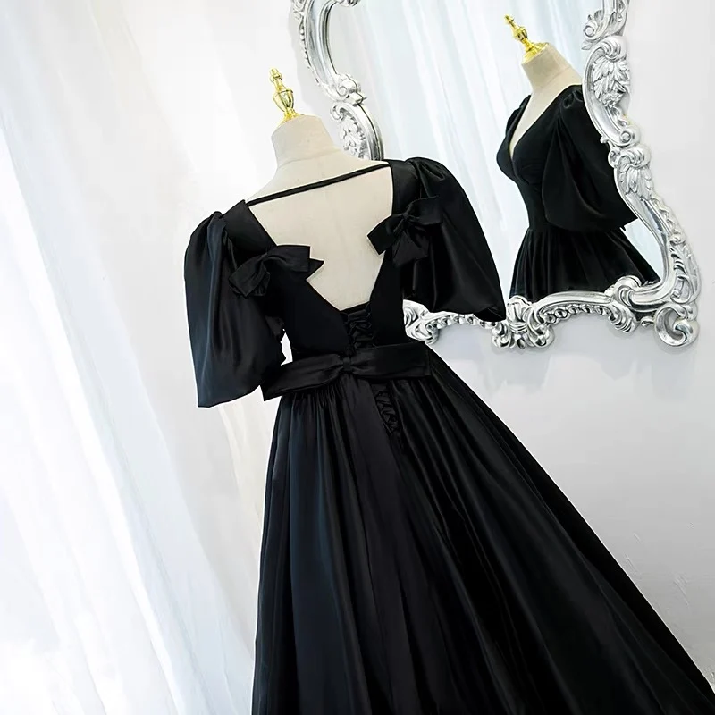 Robe de bal noire chic, robe formelle avec manches à bulles