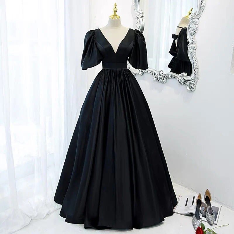 Robe de bal noire chic, robe formelle avec manches à bulles