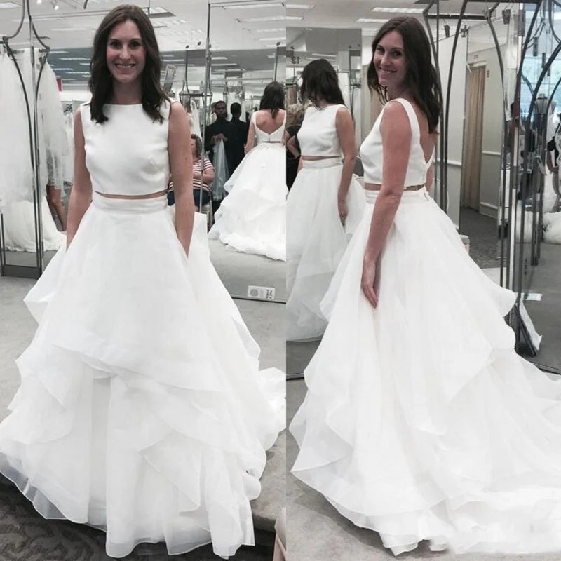 Robe de mariée deux pièces simple à col bateau, séparations de mariée abordables