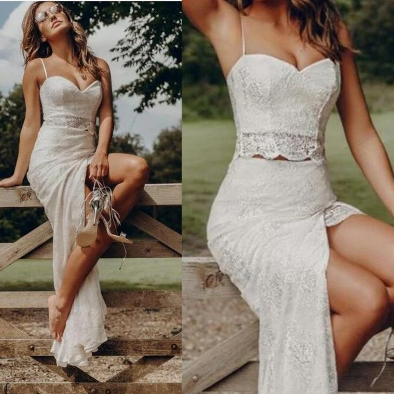 Boho Country Style Été Dentelle Deux Pièces Bretelles Spaghetti Mariée Sépare avec Fente