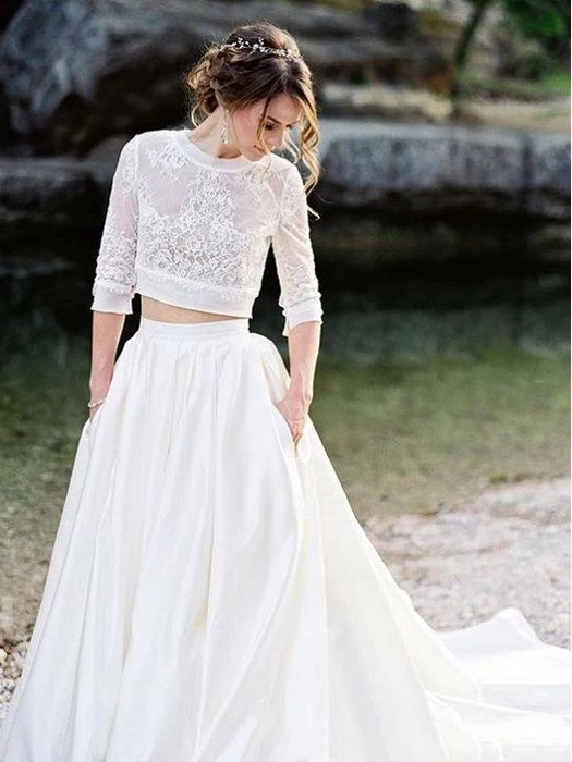 Robe de mariée deux pièces en dentelle, manches longues, col haut, haut court, robe de mariée
