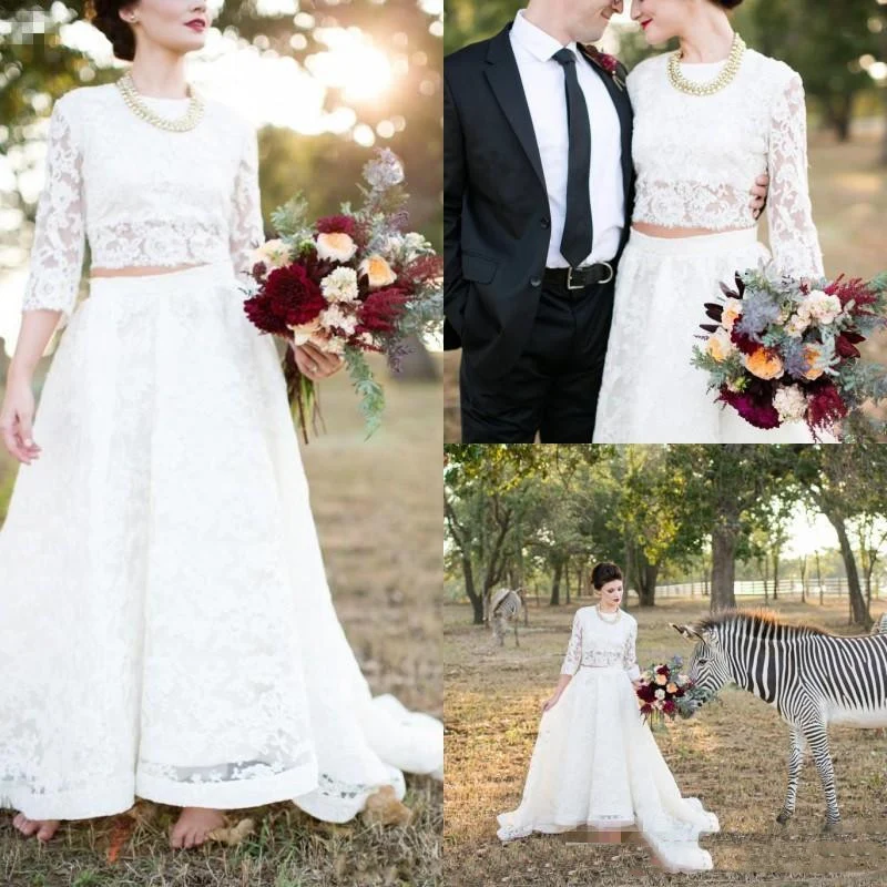 Robe de mariée deux pièces en dentelle à manches longues et modeste de style campagnard | Haut à manches longues pour séparations de mariée