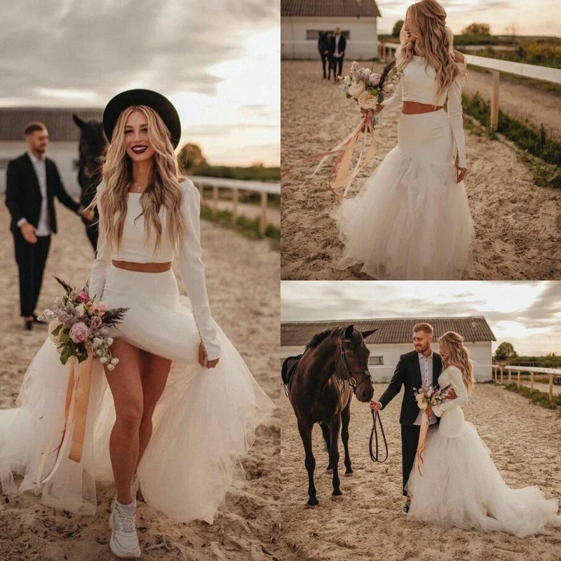 Haut décontracté à manches longues, maillot deux pièces unique, séparation de mariée avec jupe en tulle