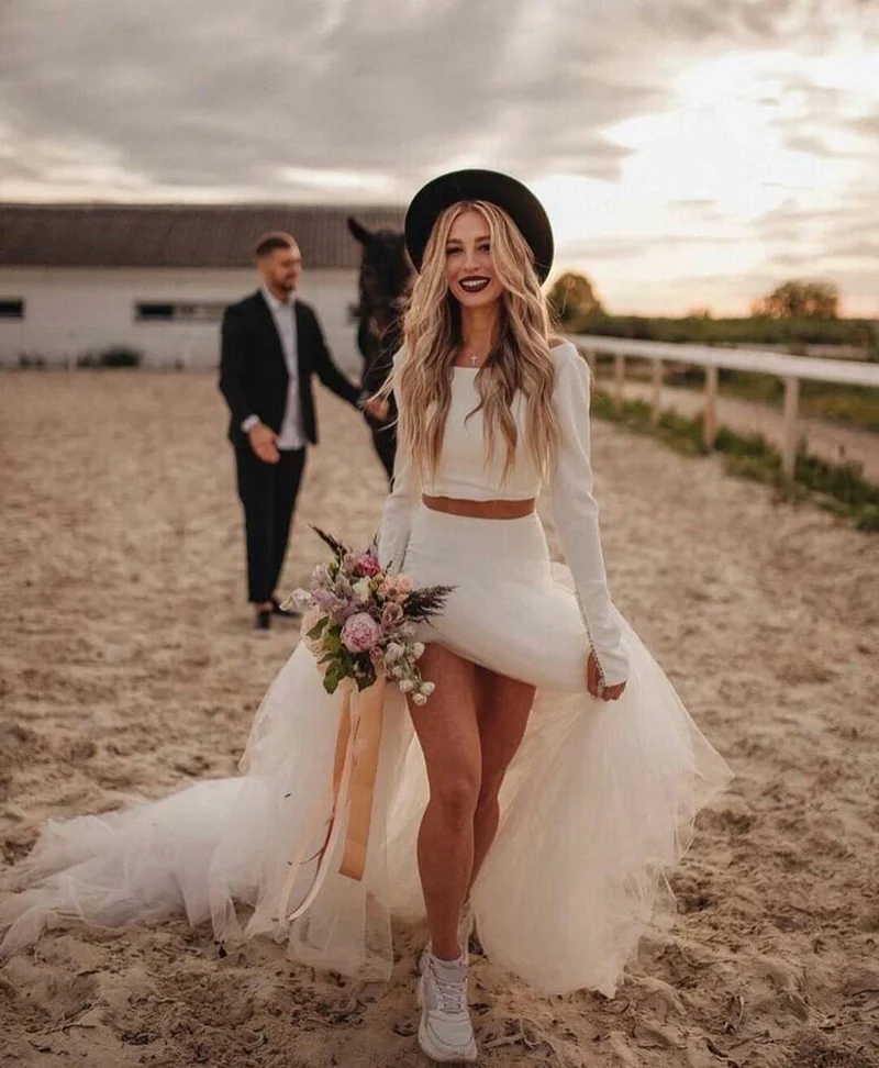 Haut décontracté à manches longues, maillot deux pièces unique, séparation de mariée avec jupe en tulle