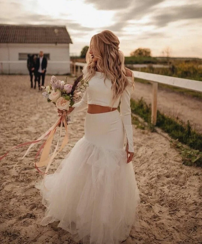 Haut décontracté à manches longues, maillot deux pièces unique, séparation de mariée avec jupe en tulle