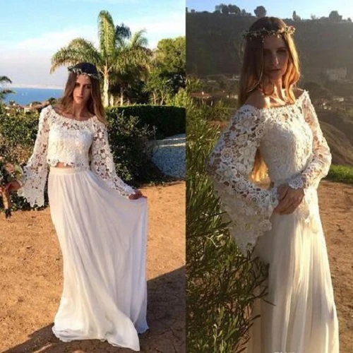 Casual Beach Manches longues 2 pièces Mariée Sépare | Robe de mariée bohème deux pièces