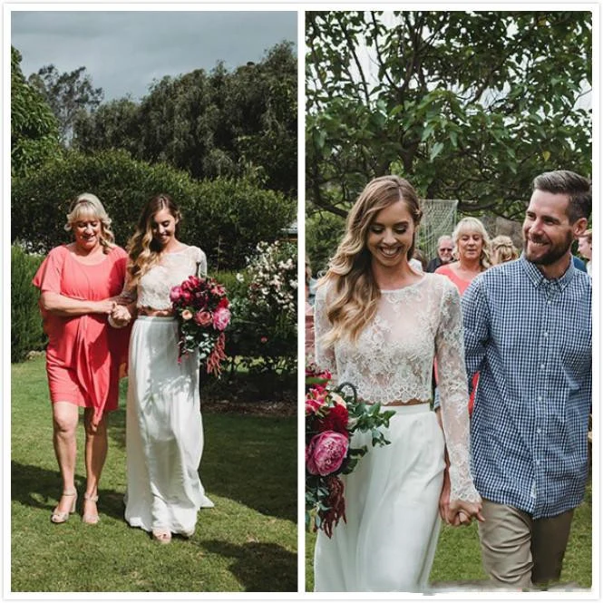 Abordable Boho Flowy Lace Manches Longues Deux Pièces Robe De Mariée Mariée Sépare